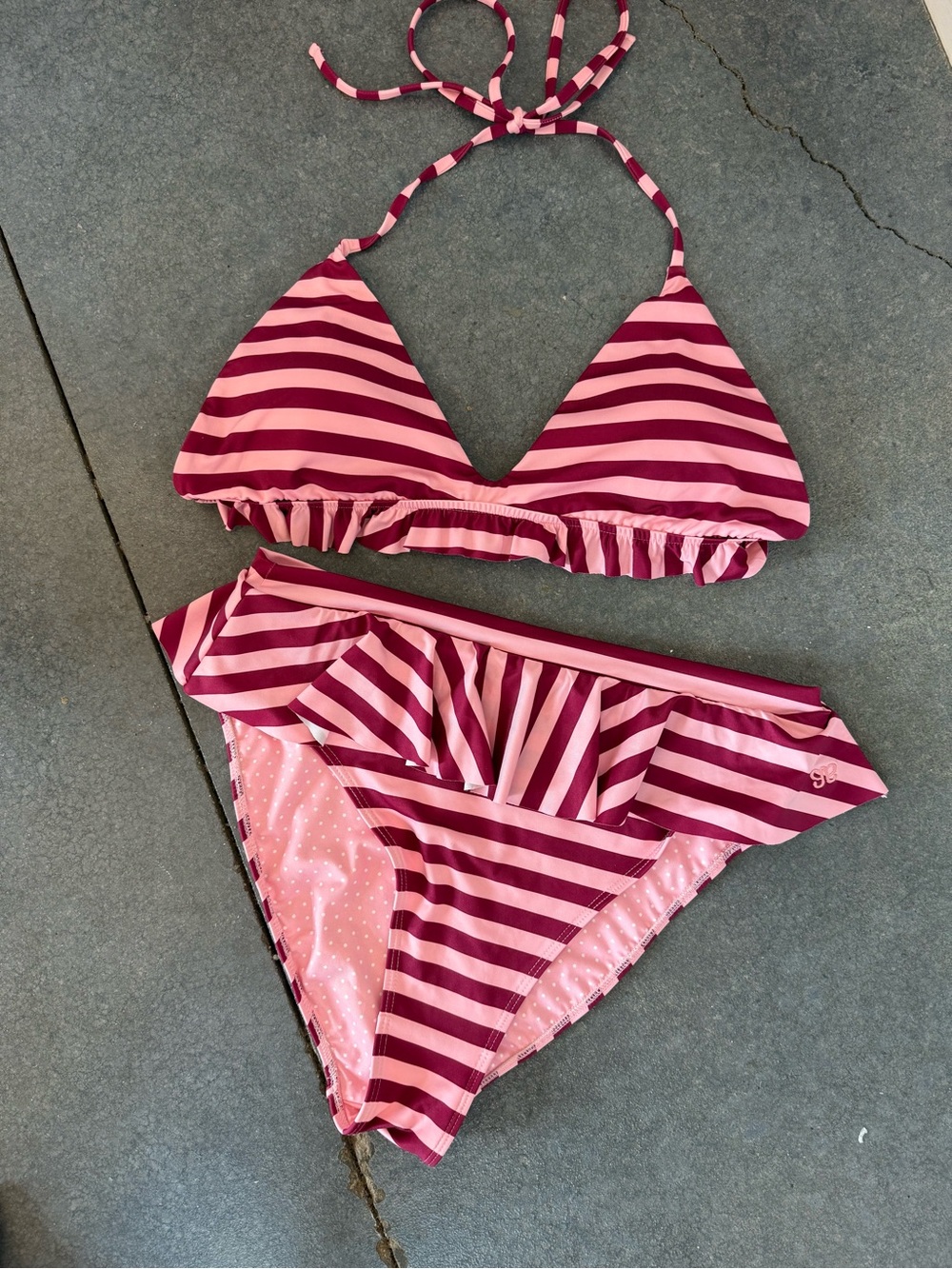 Albion Fit Striped Pink & Magenta Ruffle Bikini Set